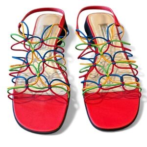 Vintage Studio Works Ashley Red Rainbow Strappy Wedge Sandals Size 9